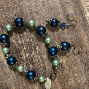Blue and Green Beaded Bracelet and Earring Set